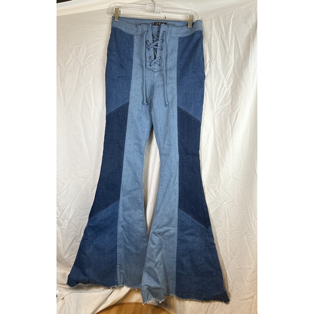 Womens Venus  Flare Bell Bottom Patchwork Blue Jeans Women's Size 8 Boho Hippie